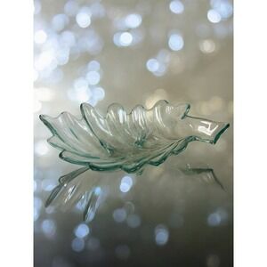 Vidrios San Miguel Recycled Glass Blue Green Oak Leaf Bowl 13" Spain Centerpiece